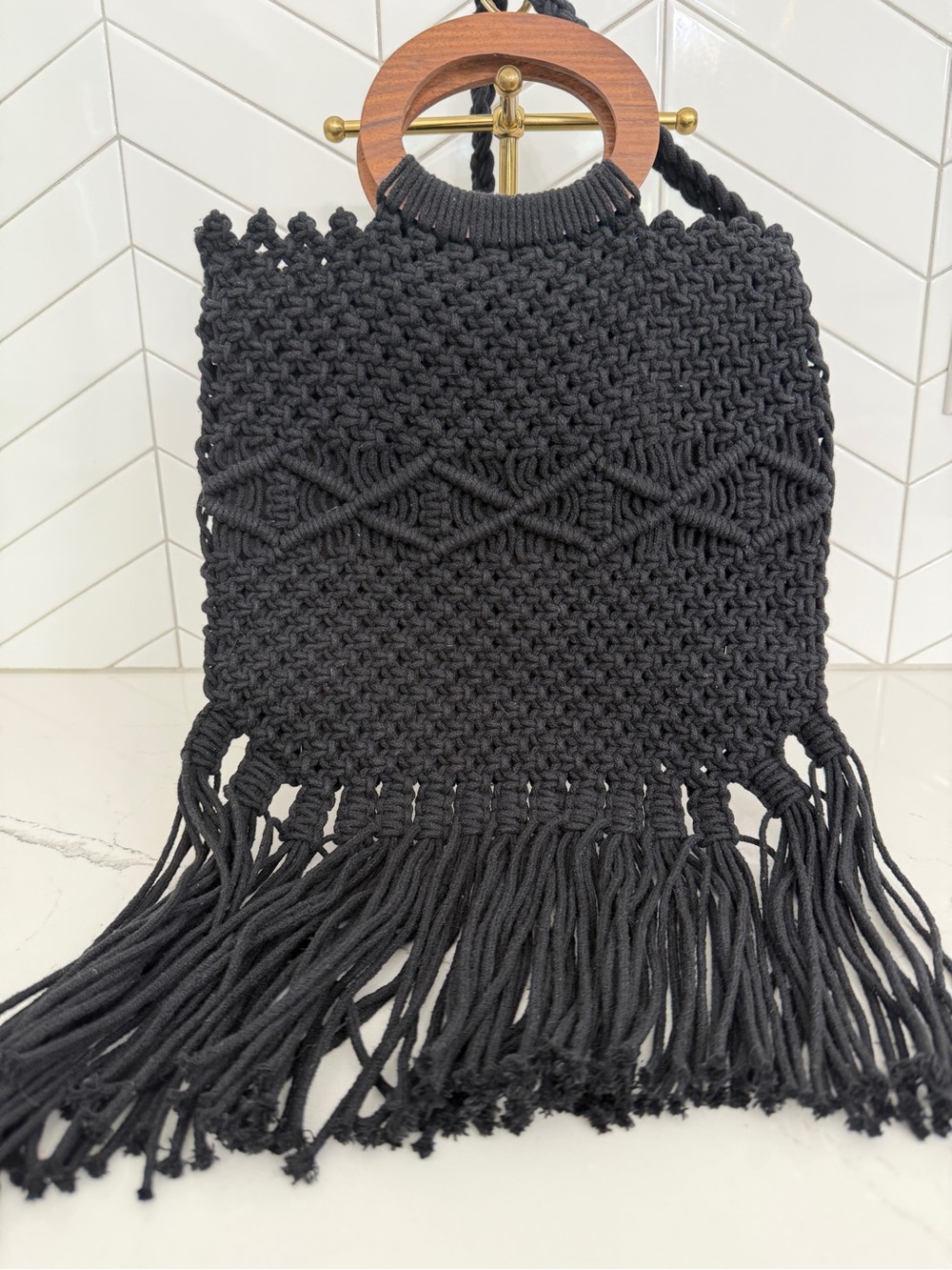 Danielle Nicole Black Macrame Crossbody with Wooden Ring Handle